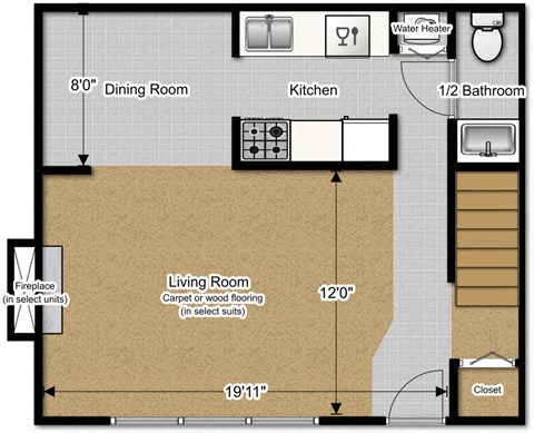 Floor plan for 2 beds, 1.5 baths, 980 sqft